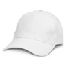 A white cap featuring a curved brim and an adjustable strap at the back, with a logo on the front.