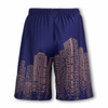 Navy basketball shorts featuring a city skyline design in gold. Includes an elastic waistband and branding.