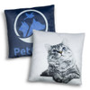 A plush cushion featuring a grey cat design on one side and a blue logo on the other.