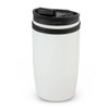 A double wall cup in white with a black lid, featuring a sleek design and a branding logo.