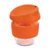 A drink bottle in clear Tritan with an orange silicone band and lid. It features a logo on the side.