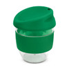A drink bottle in green with a transparent cup and a silicone sleeve. It features a lid and a logo.