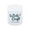 A white magnetic clip featuring a logo and text, designed for holding papers or notes securely.