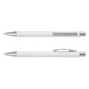 A white plastic pen with a silver clip and trim. The pen features a sleek, soft-touch design and a logo.