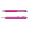 A pink soft-touch pen with a shiny silver trim and a clip, featuring a sleek design and a branding logo.