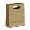 A medium die-cut paper bag in a natural brown colour with a handle at the top. It features a logo on one side.