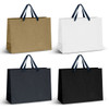 A collection of extra large ribbon handle paper bags in gold, white, and black. Each bag features a branded logo.