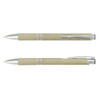 A dual-ended pen in a light green hue with silver accents and a clip, featuring a logo on the barrel.