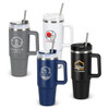 A drink bottle collection featuring grey, white, navy blue, and black vacuum cups with logos and reusable straws.