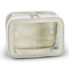 A cream cosmetic bag with transparent sides, featuring a zipper closure and a simple interior design.