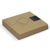 A square cheese board in a brown packaging box, featuring an illustration and a logo.