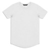 A white men's T-shirt featuring a rounded neckline and short sleeves. It includes a logo on the label.