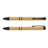 A bamboo pen set featuring natural bamboo colour with black accents and a clip, showcasing two different models.