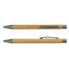 A bamboo pen with a metal tip and clip, featuring a sleek, natural finish. It has a simple branding logo.