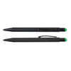 A black pen and stylus with a green tip, featuring a clip and a transparent section.