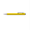 A plastic pen in a bright yellow color, featuring a silver tip and a clip for easy attachment.