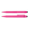 A pink stylus pen is displayed, featuring a sleek design with a sturdy clip and a soft tip for touchscreen use.