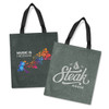 A green tote bag with black handles featuring colourful music-themed graphics on one side and "Steak House" on the other.