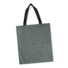 A green tote bag with black handles and a textured design, featuring a logo.