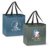 Two heather tote bags featuring a dark blue and grey colour scheme, each with black handles and a logo.