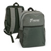 A grey and green backpack with a logo, featuring padded shoulder straps and mesh side pockets.