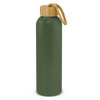 A drink bottle in matte olive green with a bamboo lid and a woven straw for easy carrying.