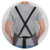 A grey apron with black straps is worn by a person, showing the back view and cross-back design.