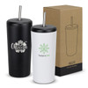 A drink bottle set featuring a black and a white vacuum tumbler, each with a straw and logos, packaged in a box.