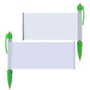 A plastic pen with a green grip and a double-sided banner display for custom designs.
