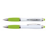 A stylus pen featuring a white body with green accents and silver detailing, including a clip and rubber grip.