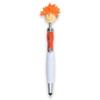 A stylus pen featuring a smiley face topper with orange hair, a red and white body, and a silver accent.