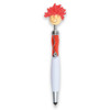 A stylus pen featuring a red, fuzzy-haired topper with a smiling face and a white body.