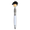 A stylus pen with a smiling face topper and black textured hair, featuring a silver barrel and white grip.
