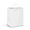 A large white laminated paper carry bag with rope handles and a glossy finish, featuring a logo.