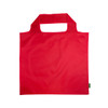 A red reusable grocery bag with a rounded handle and a small logo. The bag is made from recycled PET material.