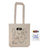 A cream-colored reusable grocery bag with sea-themed illustrations and a set of crayons in a colorful package.