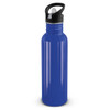 A drink bottle in a vibrant blue color, featuring a black lid with a handle and a flip-top spout.