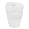 A drink bottle in white, featuring a sleek design with a lid and an integrated silicone band for grip.