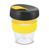 A drink bottle with a transparent body, yellow silicone band, and a black lid. It features a logo.