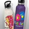A drink bottle featuring a geometric lion design in cream and a purple bottle with colourful logos and handprints.