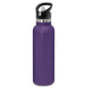 A drink bottle with a powder-coated finish in vibrant purple and a black lid, featuring a logo.