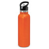 A drink bottle in bright orange with a black handle and a silver band at the top, featuring a logo.