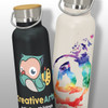 A drink bottle with a black powder-coated finish featuring an owl design and a white bottle with a colourful yoga motif.