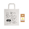 A cotton bag featuring dinosaur outlines in black on a beige background, accompanied by a set of colored pencils.