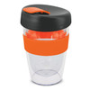 A drink bottle with a clear body, black lid, and orange band, holding 330ml. Features a logo on the surface.