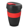A drink bottle with a black body, red band, and lid, featuring a logo. It's designed with a double wall for insulation.