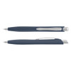 A blue plastic pen with a sleek design and chrome accents, featuring a clip and a logo.