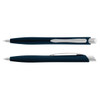 A navy plastic pen with a silver clip and tip, featuring a smooth grip. It has a simple design and a logo.