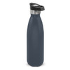 A drink bottle with a matte blue finish, featuring a stainless steel push button lid and a sleek design.