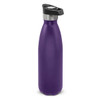 A drink bottle in a matte purple finish, featuring a push-button lid and silver accents. It has a logo on the lid.